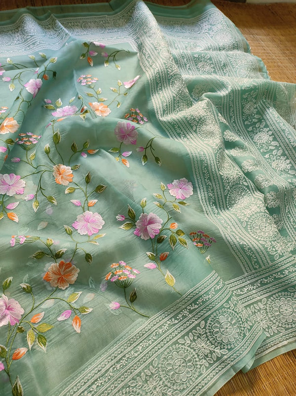 Pastel Green Organza Saree with Jaal Floral Embroidery & Chikankari Pallu