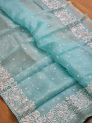 Blue Organza Saree with Parsi Embroidery Work and Crochet Lace Border