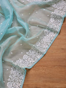 Blue Organza Saree with Parsi Embroidery Work and Crochet Lace Border
