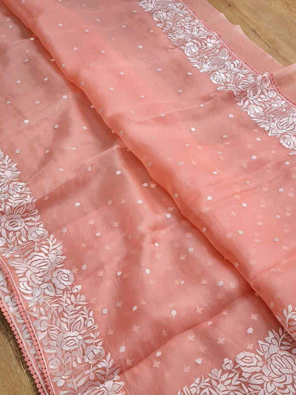Peach Organza Saree with Parsi Embroidery Work and Crochet Lace Border