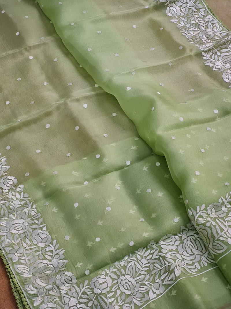 Pastel Green Organza Saree with Parsi Embroidery Work and Crochet Lace Border