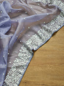 Grey Organza Saree with Parsi Embroidery Work and Crochet Lace Border