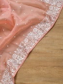 Peach Organza Saree with Parsi Embroidery Work and Crochet Lace Border