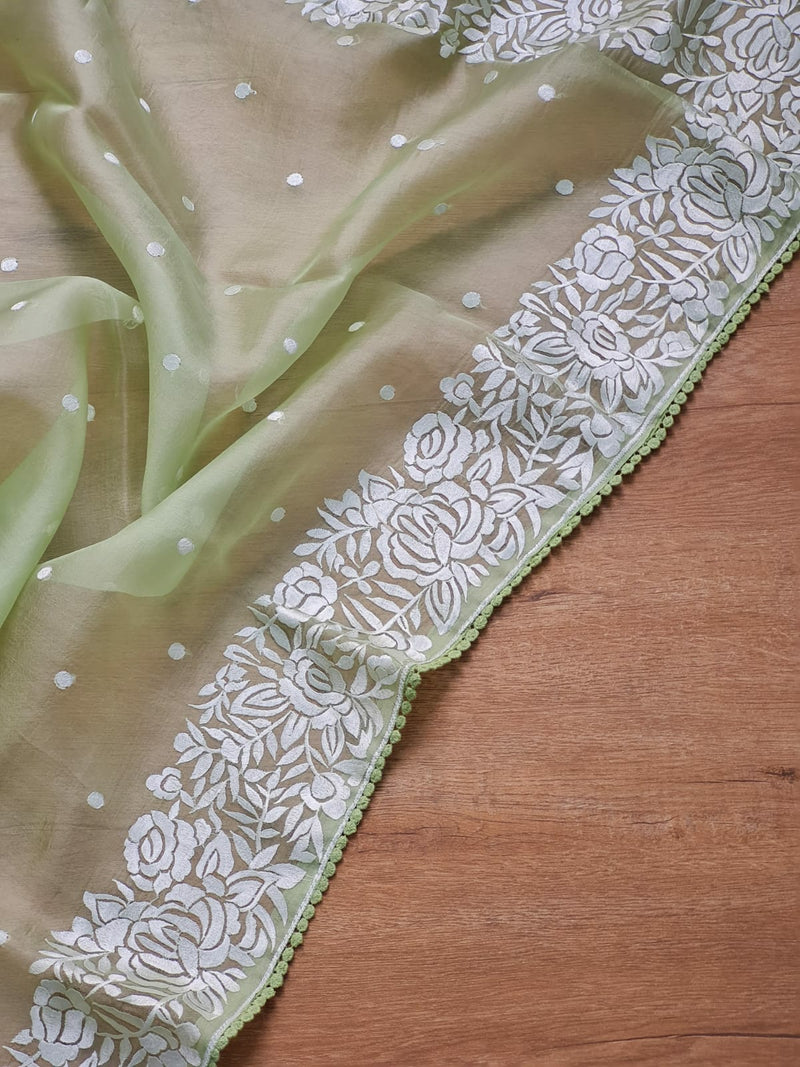 Pastel Green Organza Saree with Parsi Embroidery Work and Crochet Lace Border