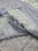 Grey Organza Saree with Parsi Embroidery Work and Crochet Lace Border