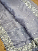 Grey Organza Saree with Parsi Embroidery Work and Crochet Lace Border
