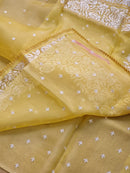 Yellow Organza Saree with Parsi Embroidery Work and Crochet Lace Border