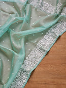 Sea Green Organza Saree with Parsi Embroidery Work and Crochet Lace Border
