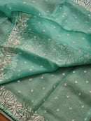 Sea Green Organza Saree with Parsi Embroidery Work and Crochet Lace Border