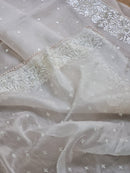 White Organza Saree with Parsi Embroidery Work and Crochet Lace Border