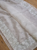 White Organza Saree with Parsi Embroidery Work and Crochet Lace Border