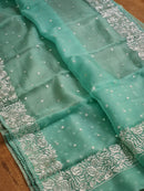 Sea Green Organza Saree with Parsi Embroidery Work and Crochet Lace Border