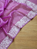 Purple Organza Saree with Parsi Embroidery Work and Crochet Lace Border