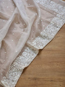 White Organza Saree with Parsi Embroidery Work and Crochet Lace Border