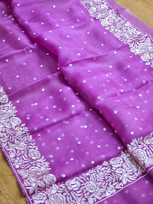 Purple Organza Saree with Parsi Embroidery Work and Crochet Lace Border