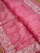 Pink Organza Saree with Parsi Embroidery Work and Crochet Lace Border