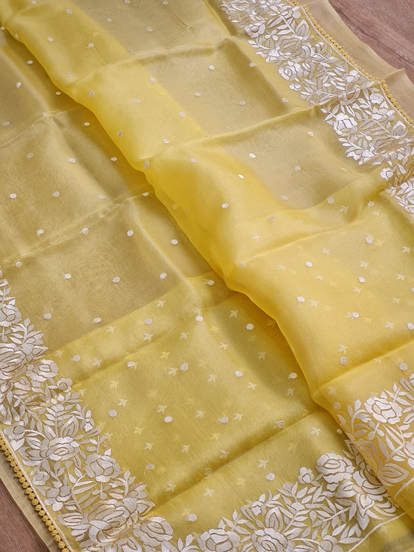 Yellow Organza Saree with Parsi Embroidery Work and Crochet Lace Border