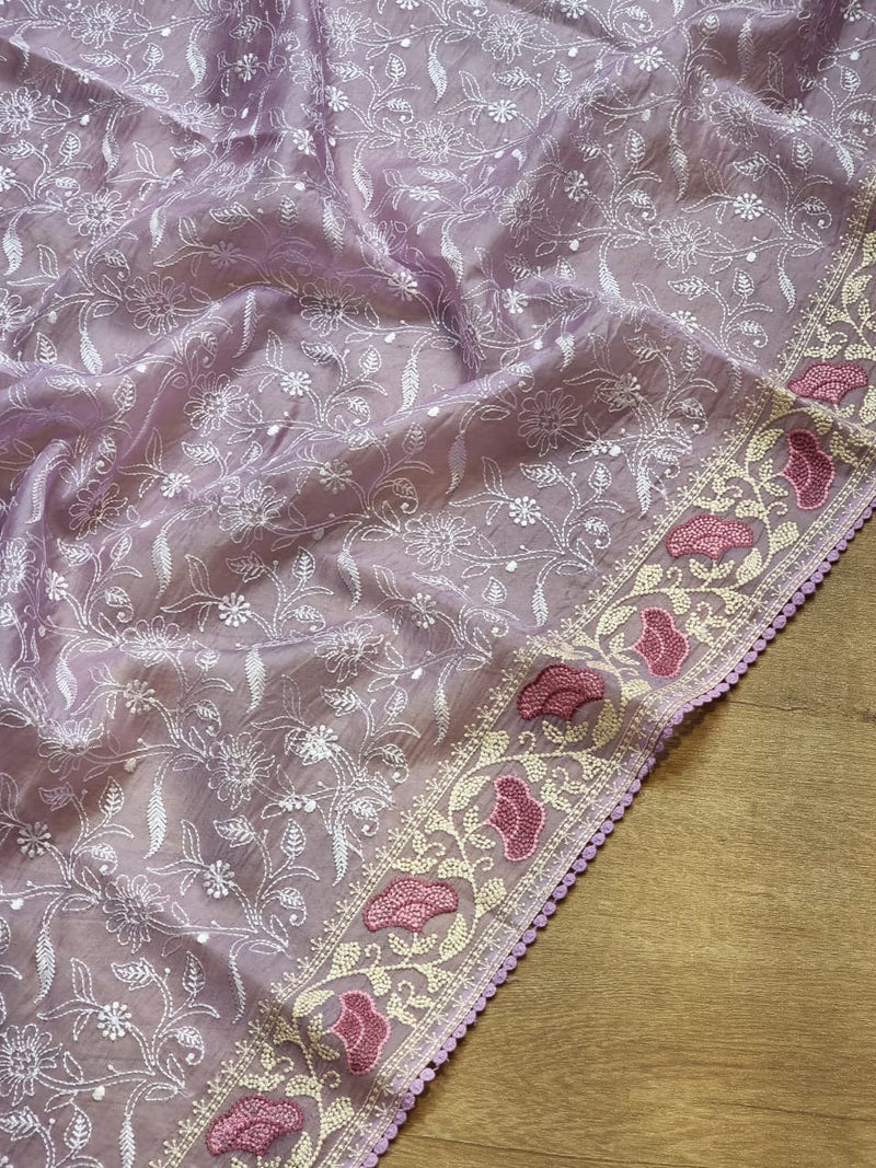 Lavender Organza Saree with Chikankari Embroidery Work & Crochet Lace