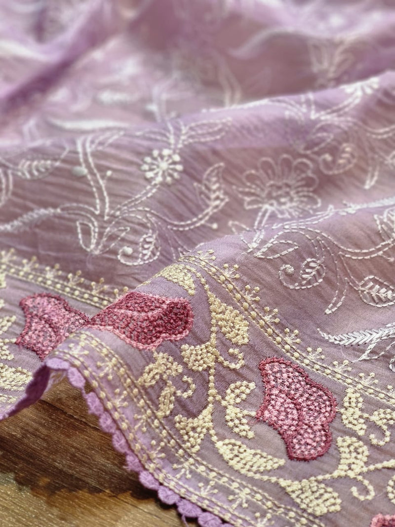 Lavender Organza Saree with Chikankari Embroidery Work & Crochet Lace