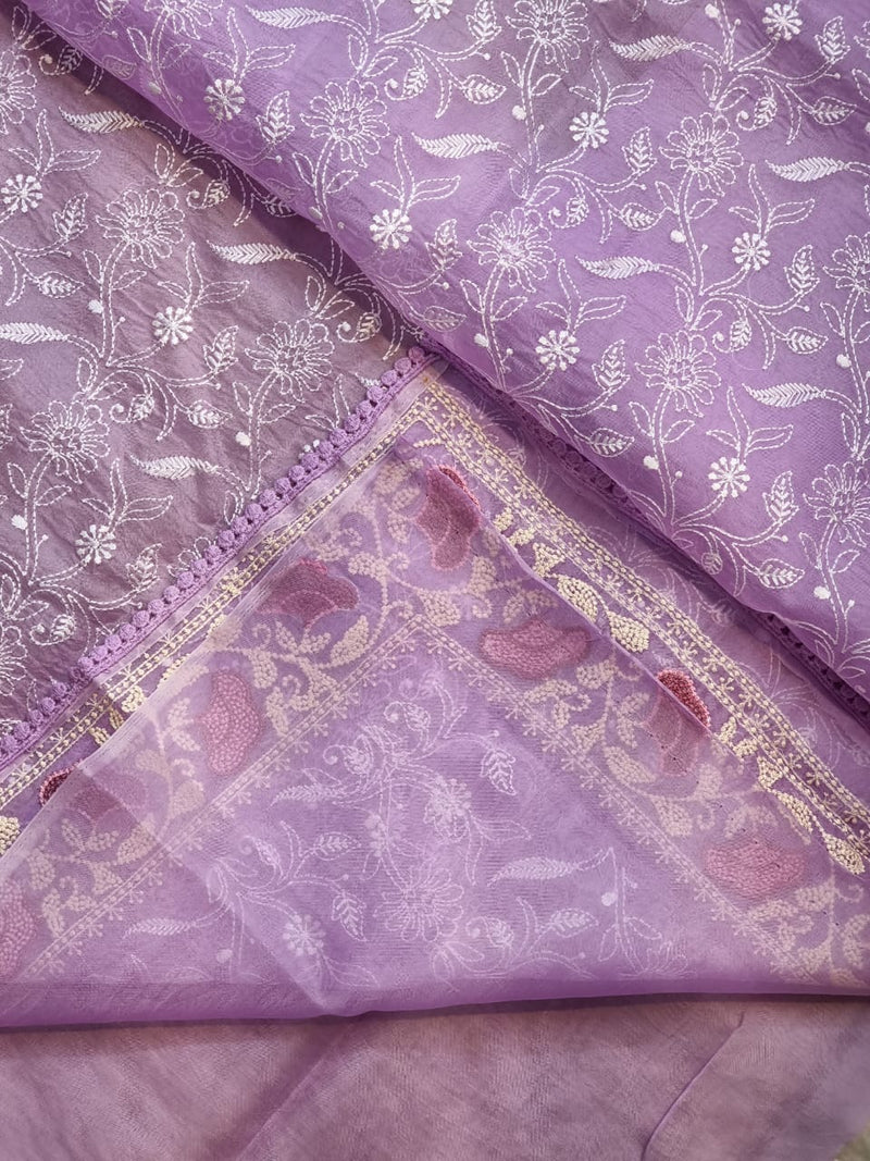 Lavender Organza Saree with Chikankari Embroidery Work & Crochet Lace