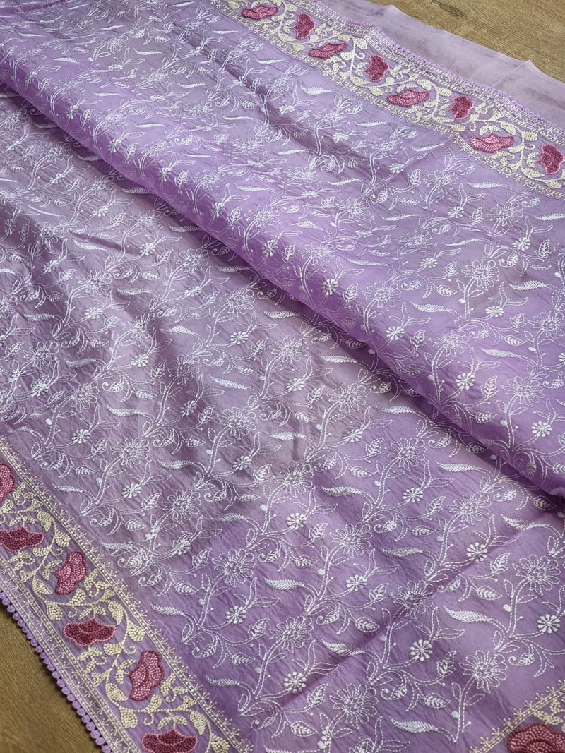 Lavender Organza Saree with Chikankari Embroidery Work & Crochet Lace