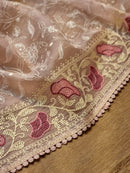 Pink Organza Saree with Chikankari Embroidery Work & Crochet Lace