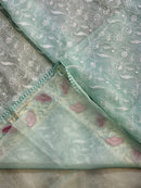 Pastel Blue Organza Saree with Chikankari Embroidery Work & Crochet Lace