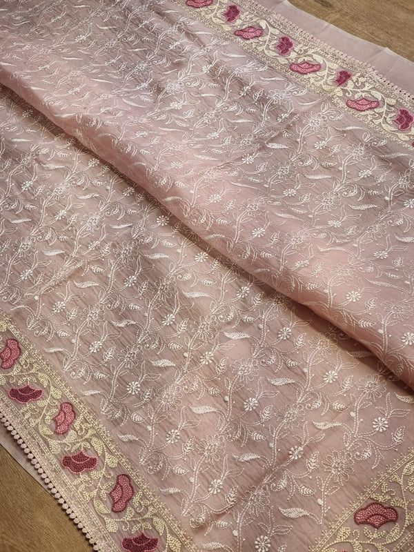Pink Organza Saree with Chikankari Embroidery Work & Crochet Lace