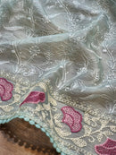 Pastel Blue Organza Saree with Chikankari Embroidery Work & Crochet Lace