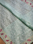 Pastel Blue Organza Saree with Chikankari Embroidery Work & Crochet Lace