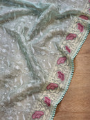 Pastel Blue Organza Saree with Chikankari Embroidery Work & Crochet Lace