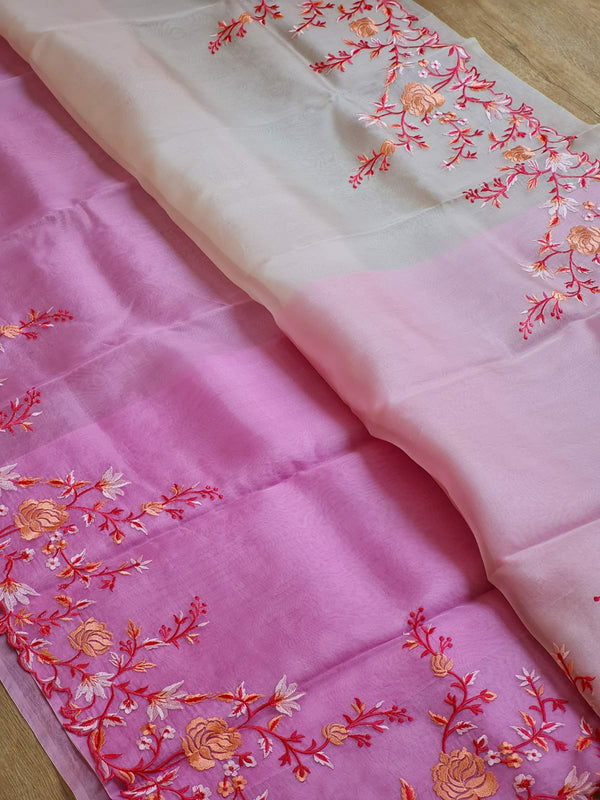 Pink & Cream Double Shade Organza Saree with Floral Embroidery Border