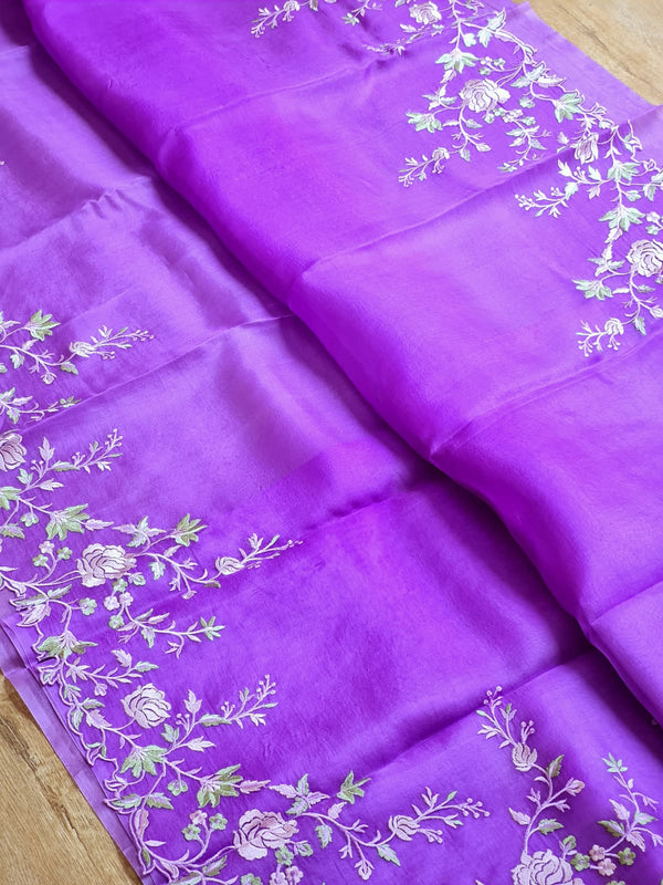 Purple Organza Saree with Floral Embroidery Border