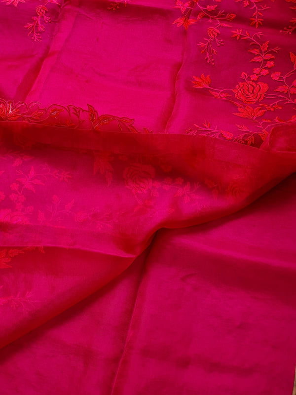 Pink Organza Saree with Floral Embroidery Border