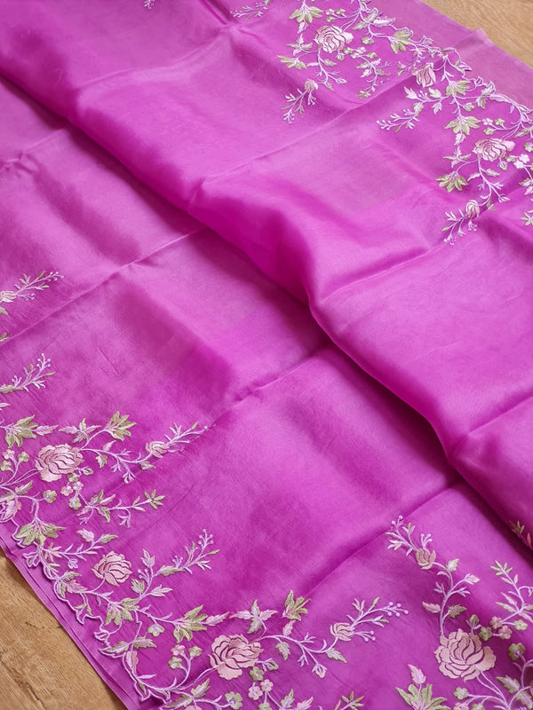 Pink Organza Saree with Floral Embroidery Border