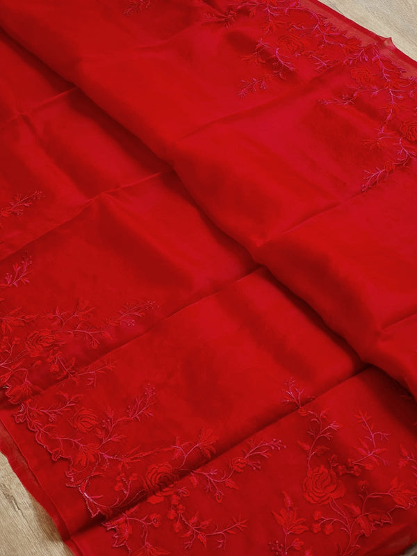 Red Organza Saree with Floral Embroidery Border
