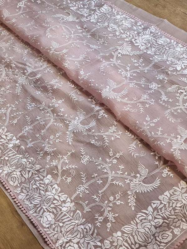 Pastel Pink Organza Saree with Gara Embroidery Work & Crochet Lace