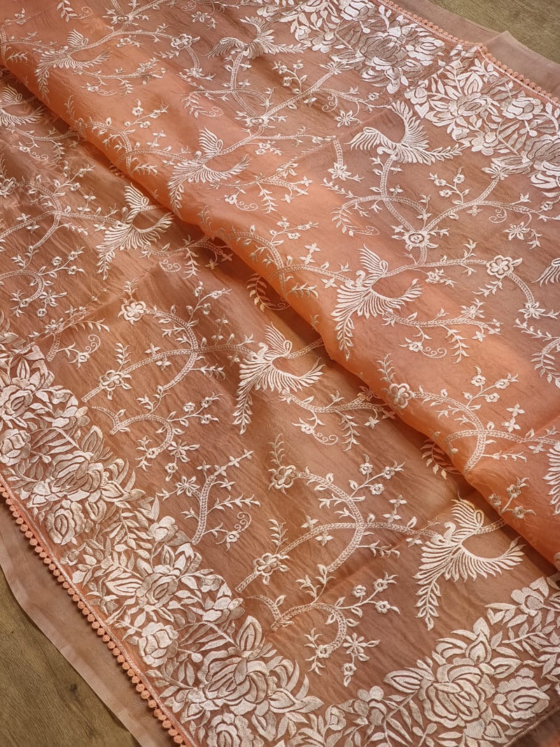 Peach Organza Saree with Gara Embroidery Work & Crochet Lace