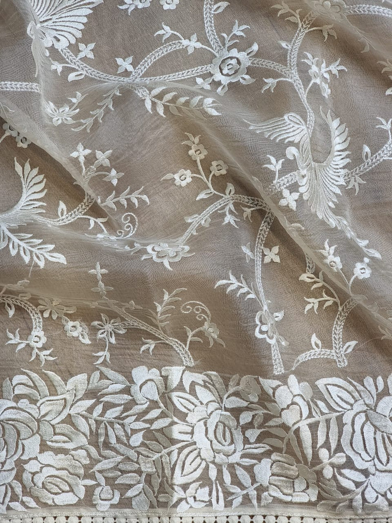 Half White Organza Saree with Gara Embroidery Work & Crochet Lace