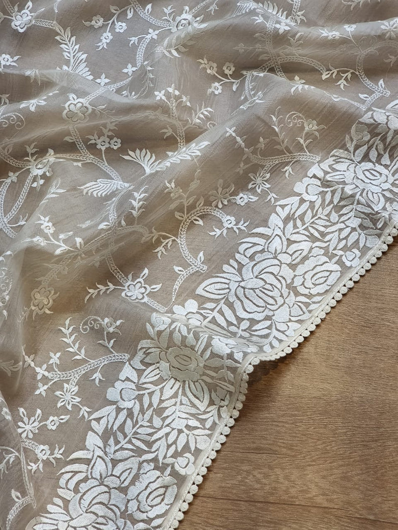 Half White Organza Saree with Gara Embroidery Work & Crochet Lace