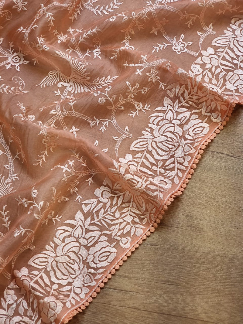 Peach Organza Saree with Gara Embroidery Work & Crochet Lace