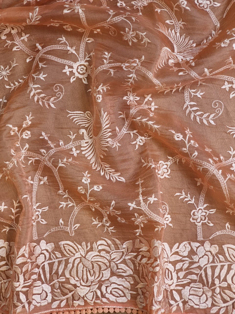 Peach Organza Saree with Gara Embroidery Work & Crochet Lace