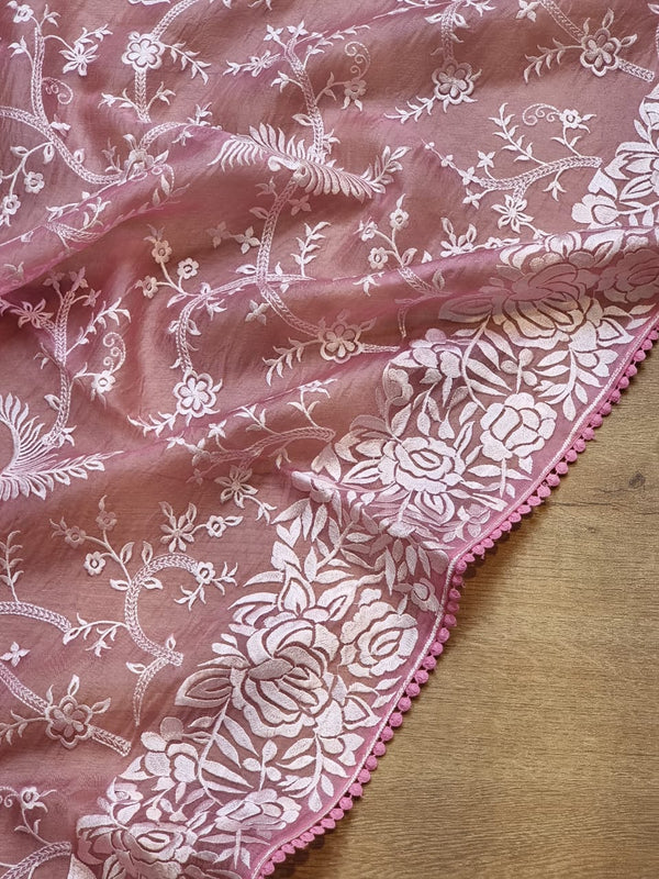 Pink Organza Saree with Gara Embroidery Work & Crochet Lace