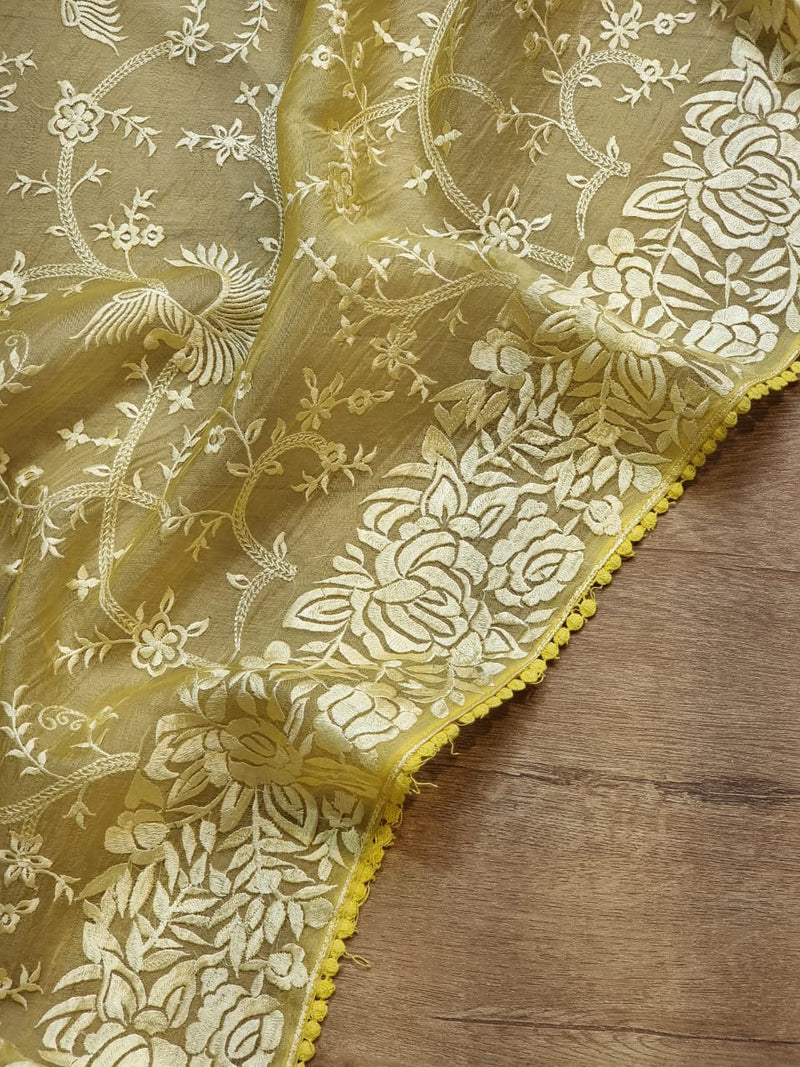 Yellow Organza Saree with Gara Embroidery Work & Crochet Lace