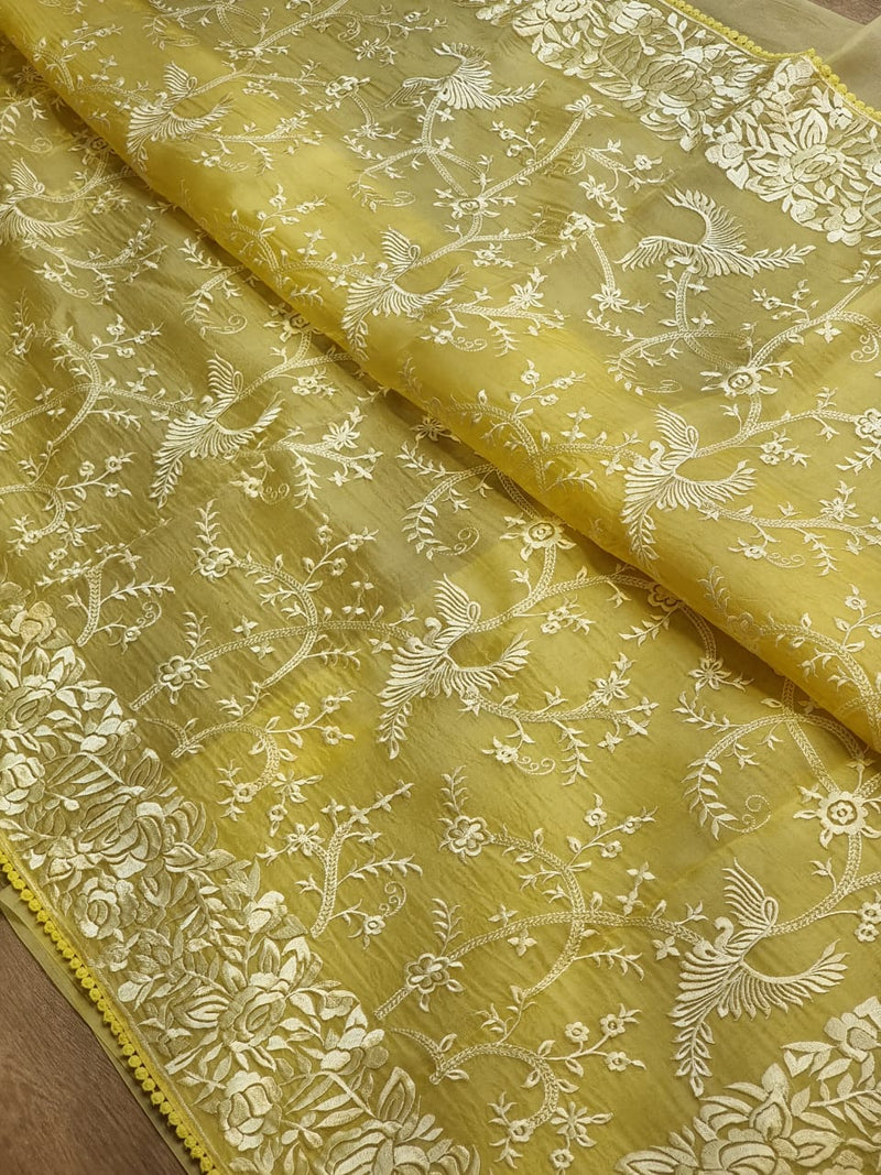 Yellow Organza Saree with Gara Embroidery Work & Crochet Lace