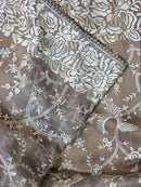 Grey Organza Saree with Gara Embroidery Work & Crochet Lace