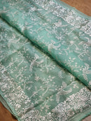 Sea Green Organza Saree with Gara Embroidery Work & Crochet Lace