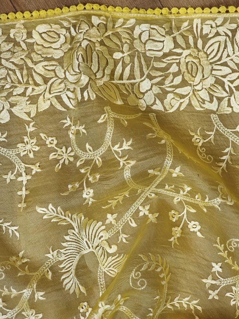 Yellow Organza Saree with Gara Embroidery Work & Crochet Lace