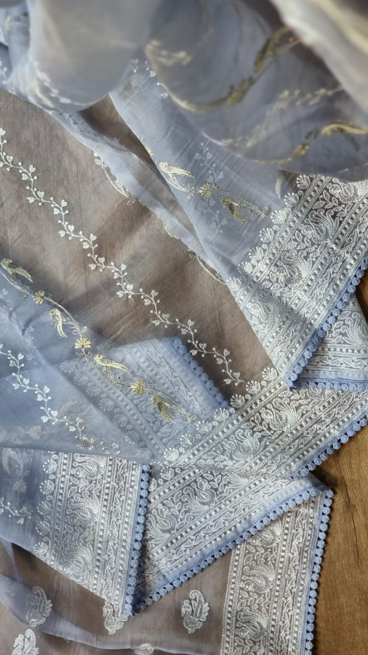 Pastel Blue Organza Saree with Unique Bird Chikankari Embroidery Design