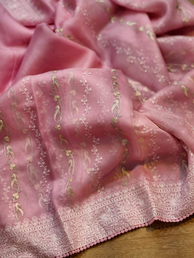 Catalogue - Organza Saree with Unique Bird Chikankari Embroidery Design